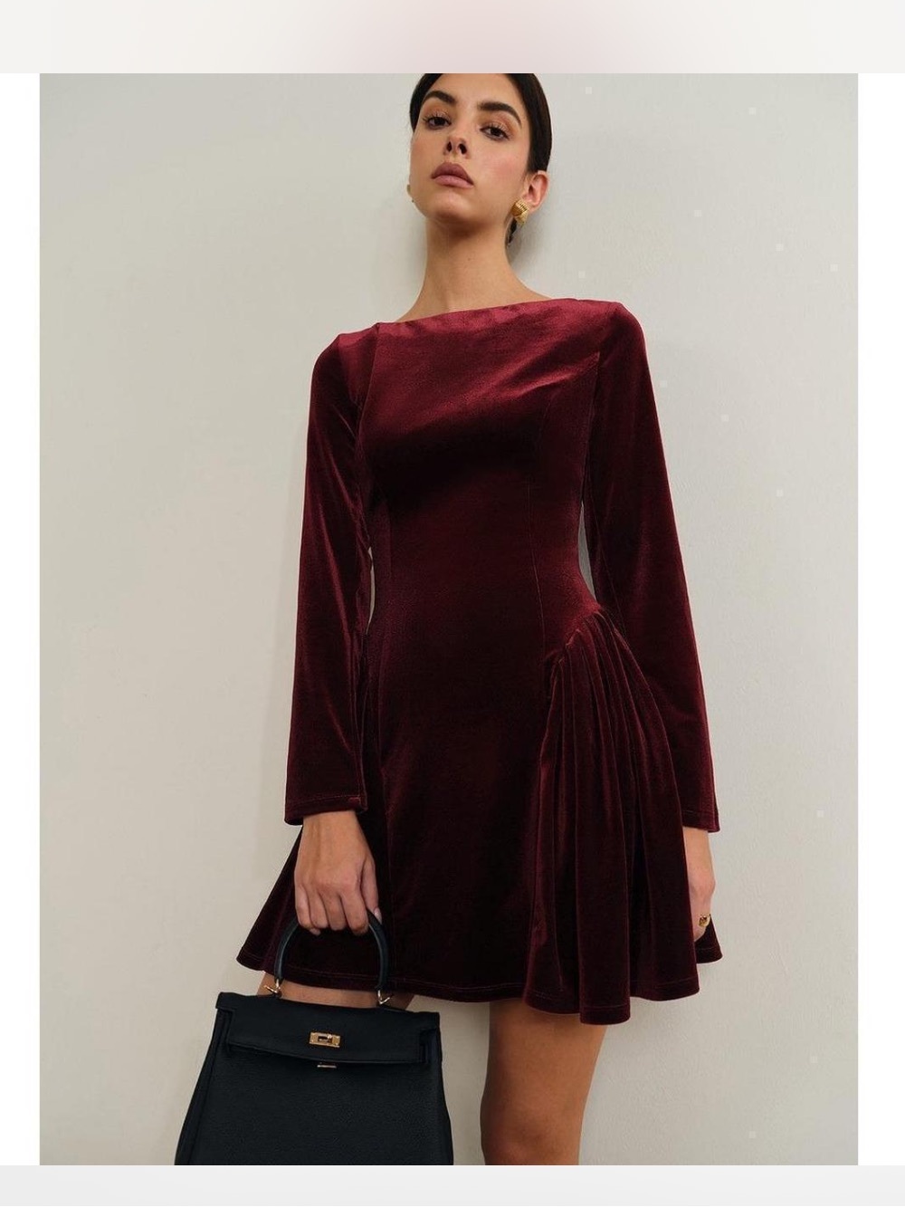 Commense Burgundy Velvet Long-Sleeve Mini Dress
